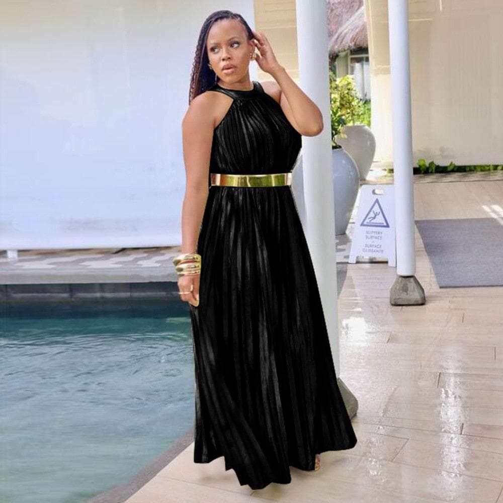 Cap Point Black / S Modimo Pleated Sleeveless Halter Neck Loose Big Swing Maxi Dress