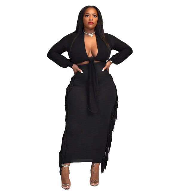Cap Point Black / S Monroe Long Sleeve Tie Front Crop Top and Tassels Bodycon Maxi Skirt Set