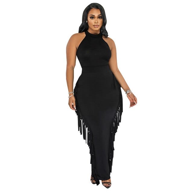 Cap Point Black / S Monroe Sexy Sleeveless Tassels Bodycon Maxi Dress