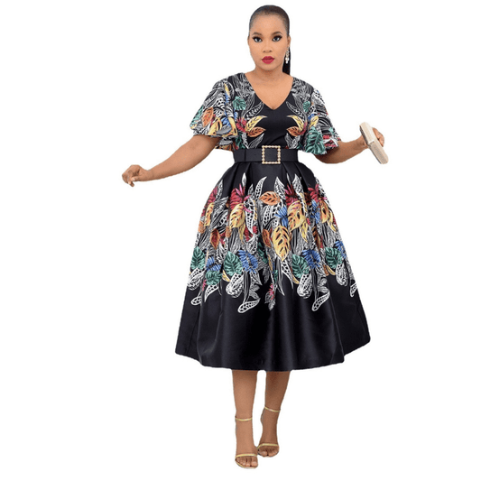 Cap Point black / S Murray Printed High Waist V-Neck Mid-Calf Dress