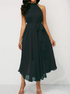 Cap Point Black / S Nelly Halter Neck Strapless Chiffon Pleated Lace Up Loose Off Shoulder Midi Dress