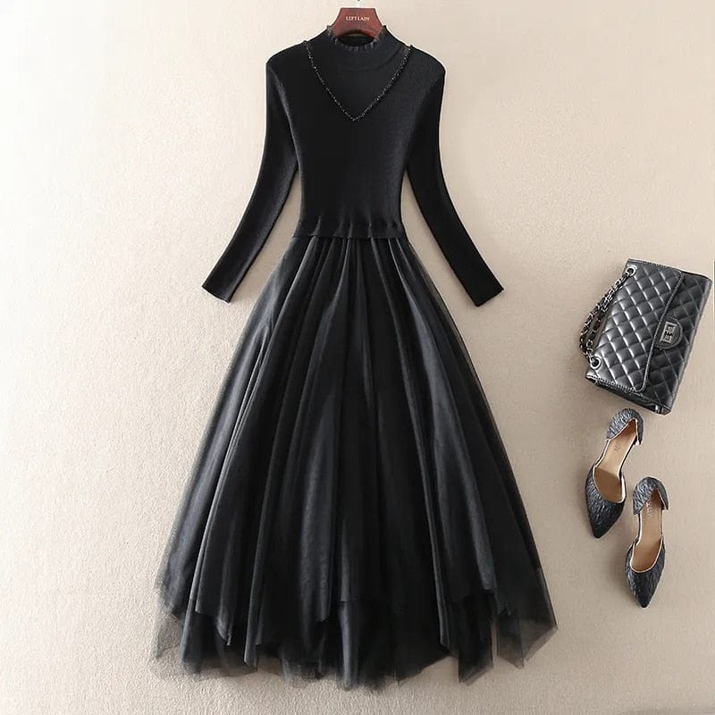 Cap Point Black / S Okeleye Fashion Embroidery Mesh Patchwork Knitted Sweater Dress