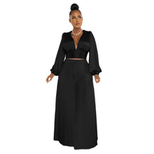 Load image into Gallery viewer, Cap Point Black / S Okeleye Two Piece Long Sleeve V Neck Crop Top Wide Leg Trousers Set
