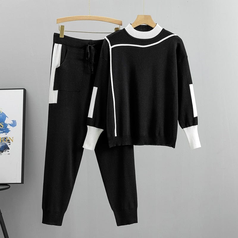Cap Point Black / S Phinea 2 Piece Knitted Long Sleeve Pullover Sweater Jumper Top and Pants Set