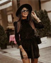 Load image into Gallery viewer, Cap Point Black / S Raissa Sashes Long Puff Sleeve Velvet Mini Dress
