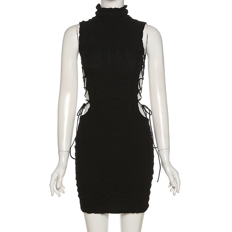 Cap Point black / S Sexy Solid Mock Neck Sleeveless Draw String Bodycon Mini Dress