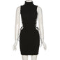 Cap Point black / S Sexy Solid Mock Neck Sleeveless Draw String Bodycon Mini Dress