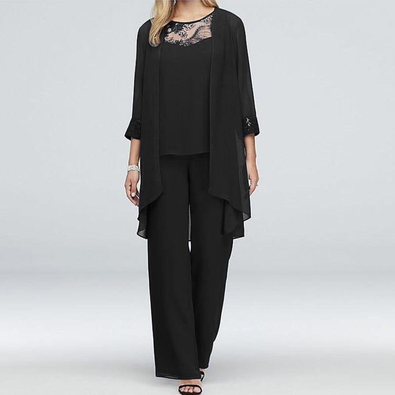 Cap Point Black / S Solid lace Top High Waist Straight Fit Mother of the Bride Pantsuit