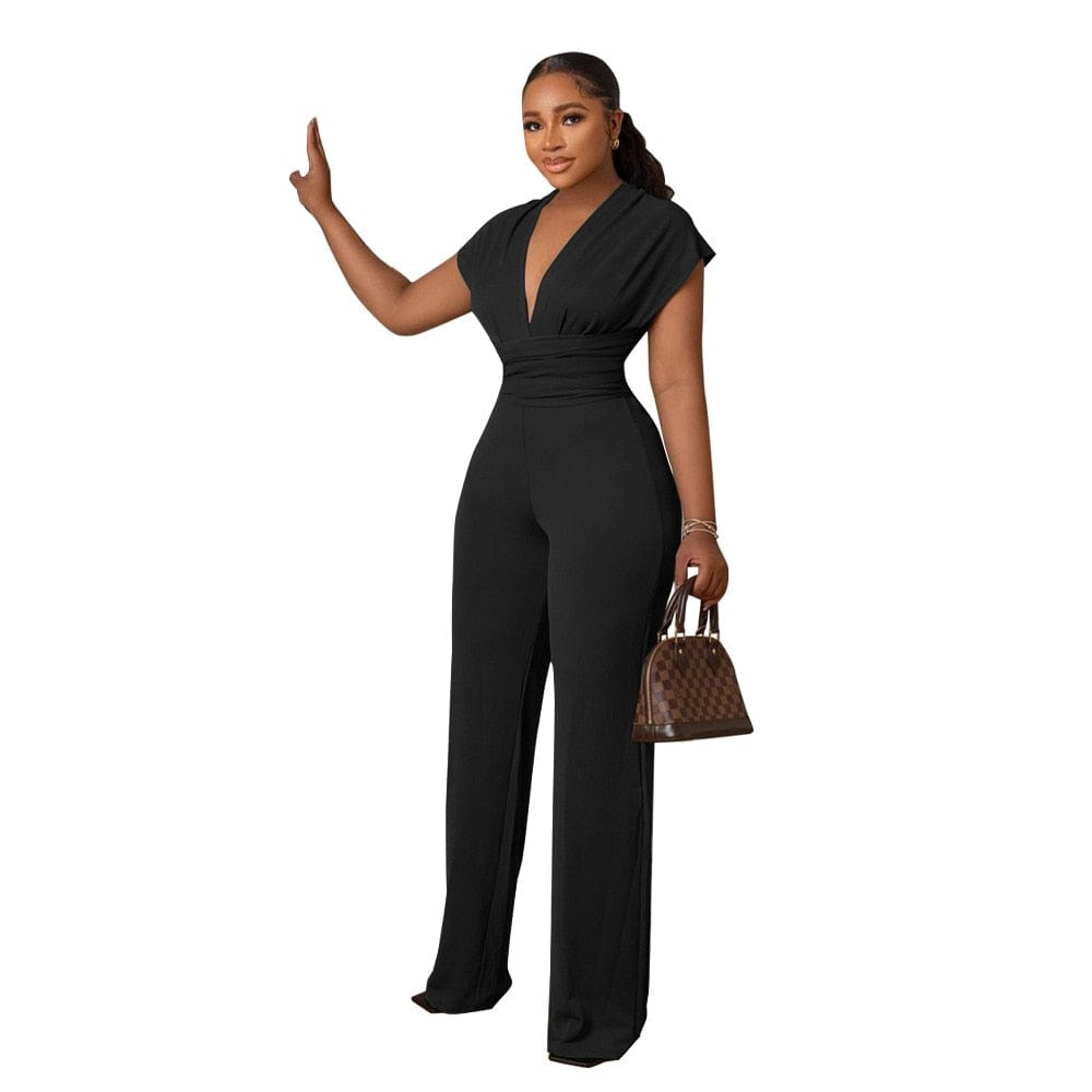 Cap Point black / S Summer Solid Deep V-neck Bandage Long Wide-leg Jumpsuit