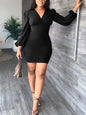 Cap Point Black / S Tamara Long Sleeve V-neck Solid Elegant Bodycon OL Dress