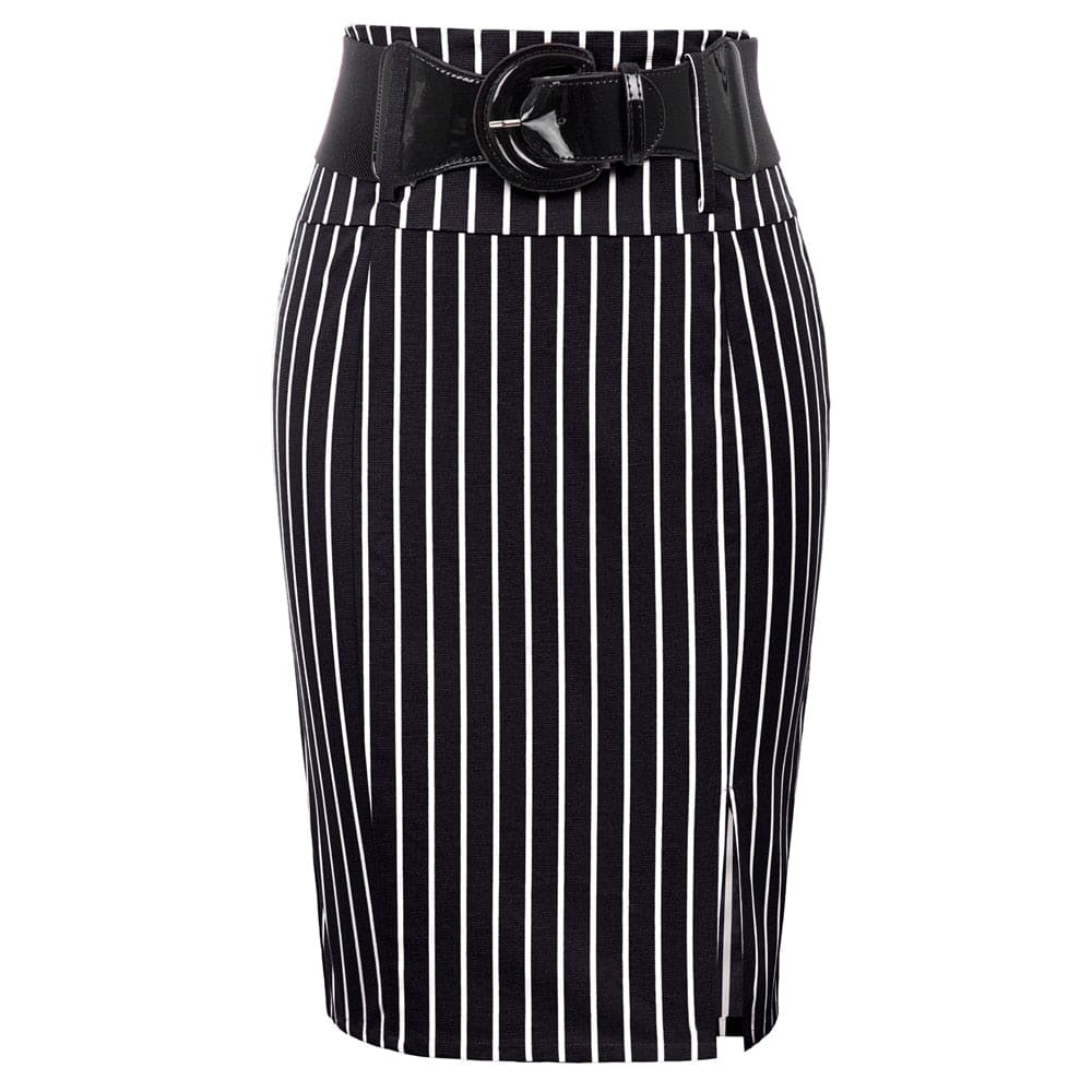 Cap Point Black / S / United States Pinstripe High Waist Belt Hips-wrapped knee vintage Skirt