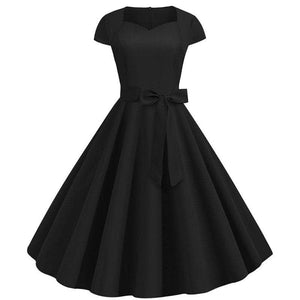 Cap Point Black / S Urielle Short Sleeve Square Collar Elegant Office Party Midi Dress with Belt
