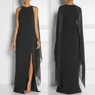 Cap Point Black / S Zelle Elegant Chiffon Patchwork Long Sleeve Loose Dress