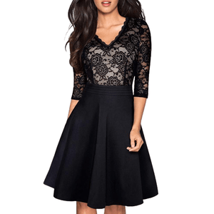 Cap Point Black Short Sleeve / S New Vintage Stylish Floral Lace Patchwork Black Party Dress