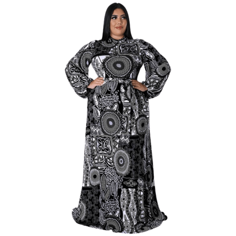Cap Point Black / XL Doris Plus Size Elegant Long Sleeve Printed  Maxi Dress