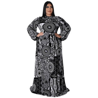 Cap Point Black / XL Doris Plus Size Elegant Long Sleeve Printed  Maxi Dress