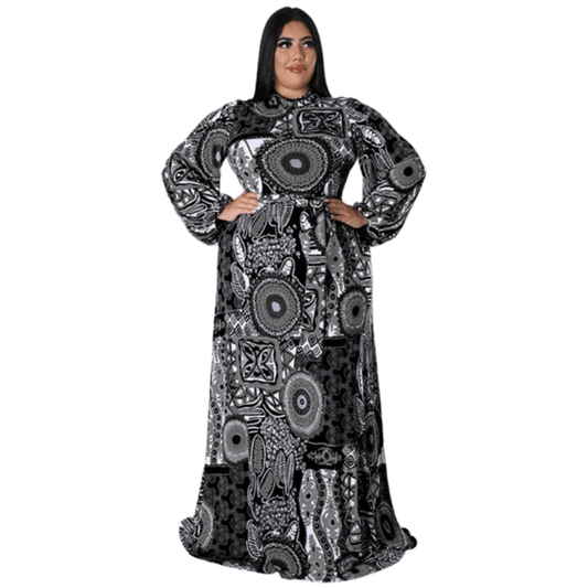Cap Point Black / XL Doris Plus Size Elegant Long Sleeve Printed  Maxi Dress