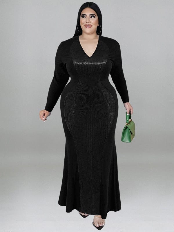 Cap Point Black / XL Doris Plus Size V Neck Sexy Long Sleeve Fashion Elegant Evening Luxurious Maxi Dress