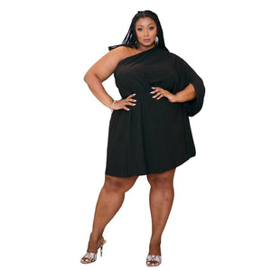 Cap Point black / XL Jemima One Shoulder Plus Size Loose Short Sleeves Elastic Waist Ruffles A line Short Party Dress