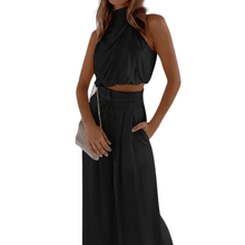 Load image into Gallery viewer, Cap Point Black / XS Eliza Two Piece Silk Pleated Texture Sleeveless Top Wide Leg Pants Set

