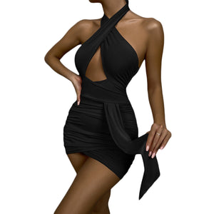 Cap Point black / XS Malia Sexy Bandage Ruched Halter Sleeveless Backless Mini Dress