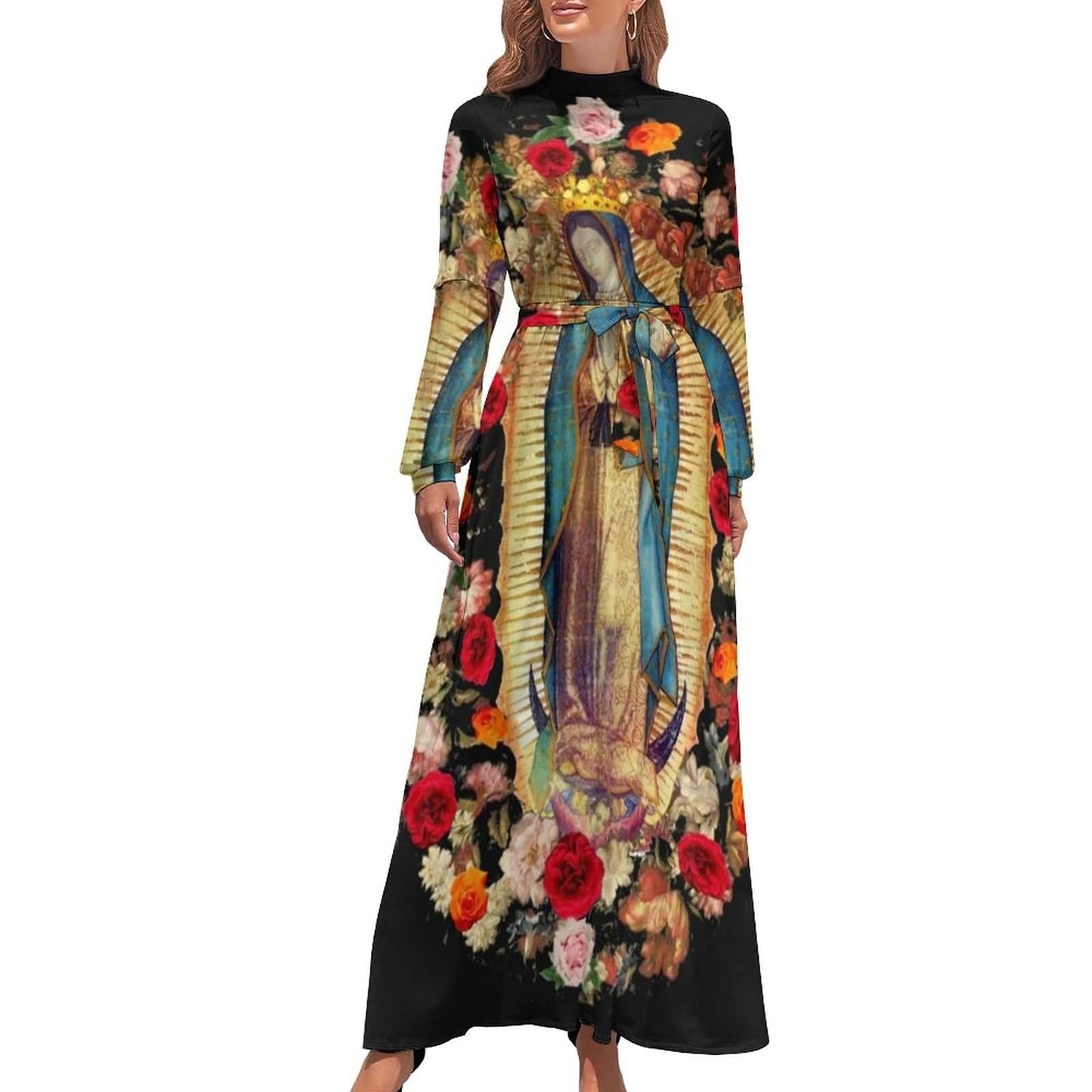 Cap Point Black / XS Mary High Neck Long-Sleeve Boho Style Maxi Dress