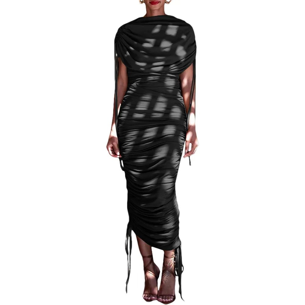 Cap Point Black / XXXL Aimee Elegant Ruched Pleated Zipper Up Sleeveless Maxi Dress