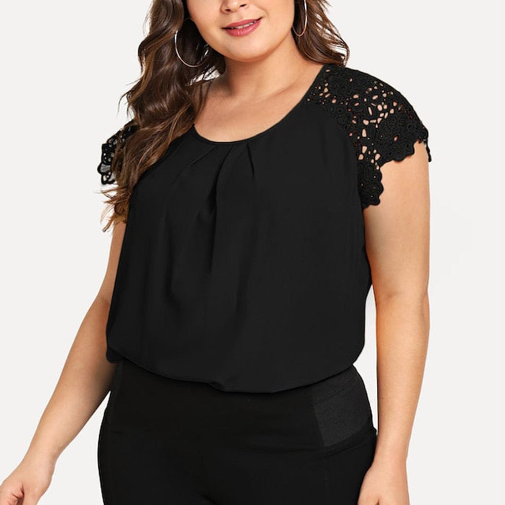 Cap Point Black / XXXL Maguy Plus Size O-neck Floral Lace Shoulder Blouse