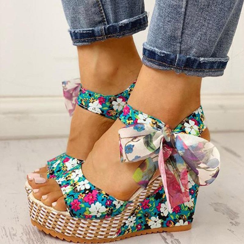 Cap Point Blue / 5 Hilda Dot Bowknot Design Platform Wedge Ankle Strap Open Toe Sandals