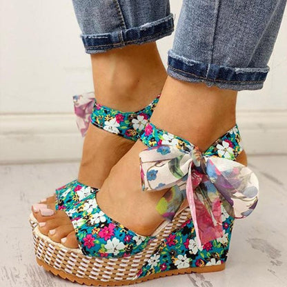Cap Point Blue / 5 Hilda Dot Bowknot Design Platform Wedge Ankle Strap Open Toe Sandals