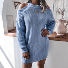 Load image into Gallery viewer, Cap Point Blue-A / S Elisa Off Shoulder Lantern Long Sleeve Knitted Sweater Dress
