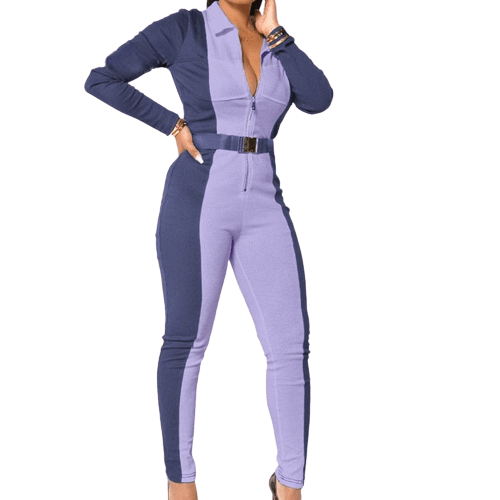 Cap Point blue and purple / S Natasha Colorblock Print Zip Ribbed Full Sleeve Turn Down Collar Romper