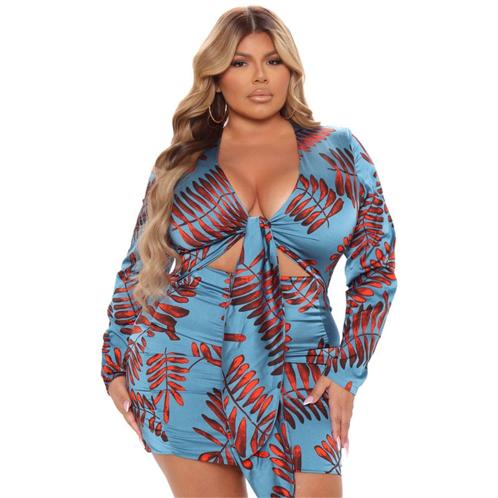 Cap Point Blue / L Joelle Plus Size Elegant V Neck Print Long Sleeve Bandage Mini Dress
