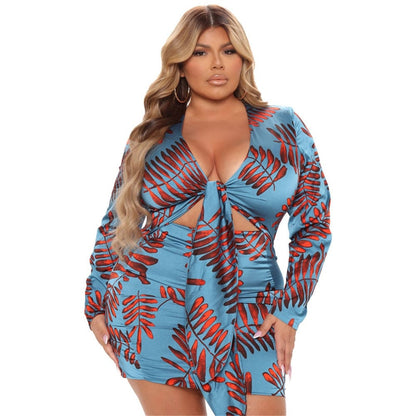 Cap Point Blue / L Joelle Plus Size Elegant V Neck Print Long Sleeve Bandage Mini Dress