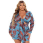 Cap Point Blue / L Joelle Plus Size Elegant V Neck Print Long Sleeve Bandage Mini Dress