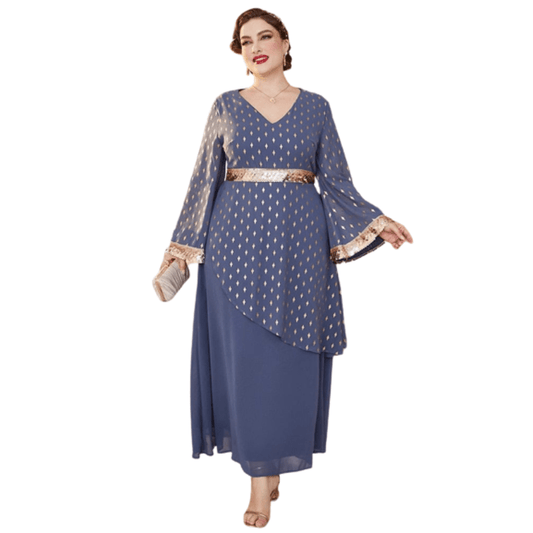 Cap Point Blue / L Marianne Plus Size New Luxury Designer Chic Elegant Long Sleeve Evening Maxi Dress