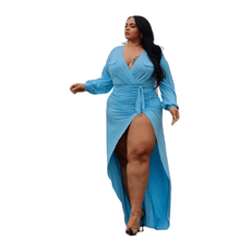 Load image into Gallery viewer, Cap Point Blue / L Plus Size Solid Bandage Slit Stretch Neckline Sexy Evening Dress
