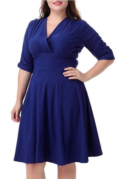 Cap Point Blue / L Plus size V-neck Half Sleeve A-line Midi Dress
