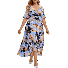 Load image into Gallery viewer, Cap Point Blue / L / United States Floral Print V-Neck Short Sleeve Irregular Ruffle Hem Summer Dress
