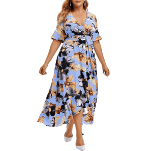 Cap Point Blue / L / United States Floral Print V-Neck Short Sleeve Irregular Ruffle Hem Summer Dress