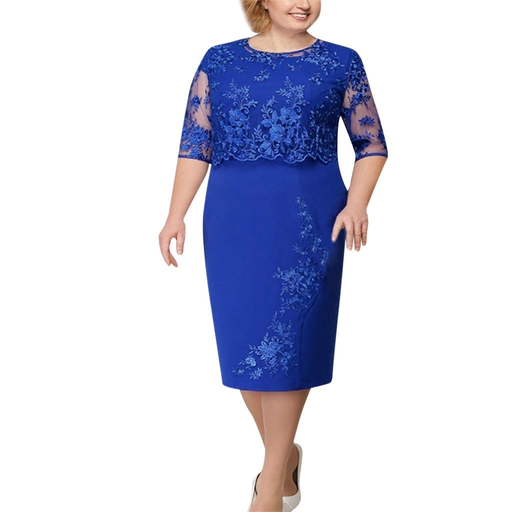 Cap Point Blue / L / United States Lace Short Sleeve Cocktail Evening Party Midi Dress