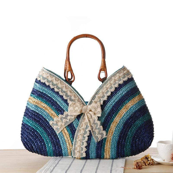 Cap Point Blue / One size Fashion Lace Bow Straw Weave Rattan Handbag