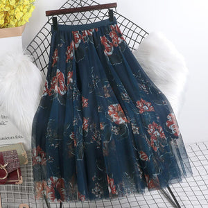 Cap Point Blue / One Size Perline Floral Tulle High Wasit Pleated A-Line Maxi Skirt