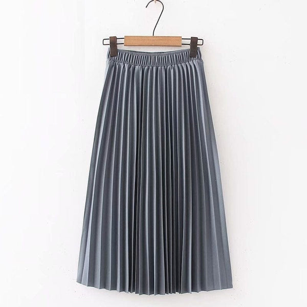 Cap Point Blue / One Size Summer Pleated Solid Linen Elastic Waist Vintage Elegant Office Midi Skirt