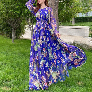 Cap Point Blue / S Amelia Loose Floral Flowy Chiffon Printed Maxi Dress