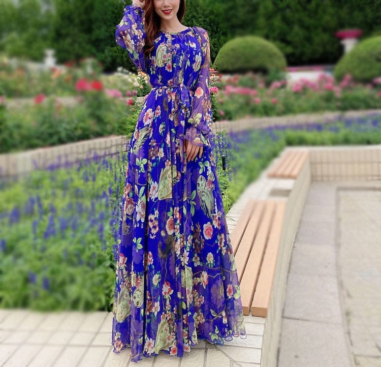 Cap Point Blue / S Aria Floral Printed  Loose Chiffon Fashion Maxi Dress