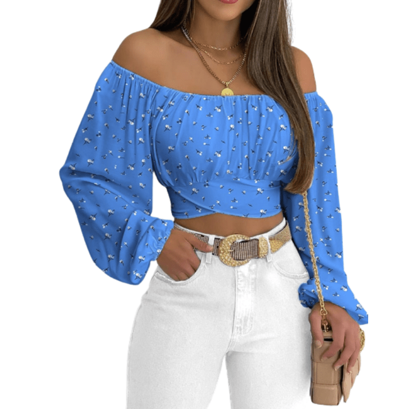 Cap Point Blue / S Baraka Criss Cross Print Off-Shoulder Cropped Top With Gathered Lantern Sleeves