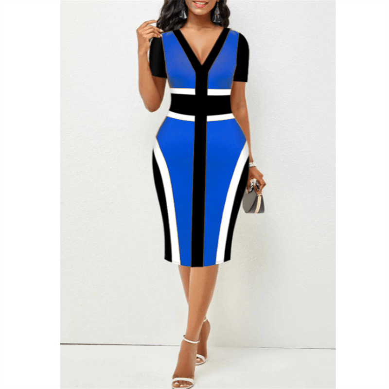 Cap Point Blue / S Belinda High Waist Patchwork Printing V-Neck Elegant Short Sleeve Midi Dress