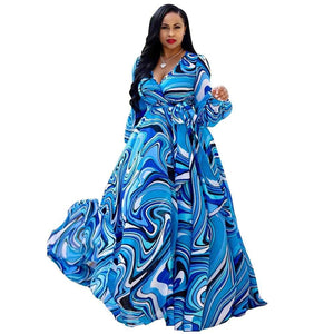Cap Point Blue / S Benita Summer V-Neck Print Sashes Long Maxi Dress