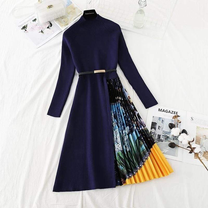 Cap Point blue / S Cap Point  Elegant Knitted  Pleated Dress